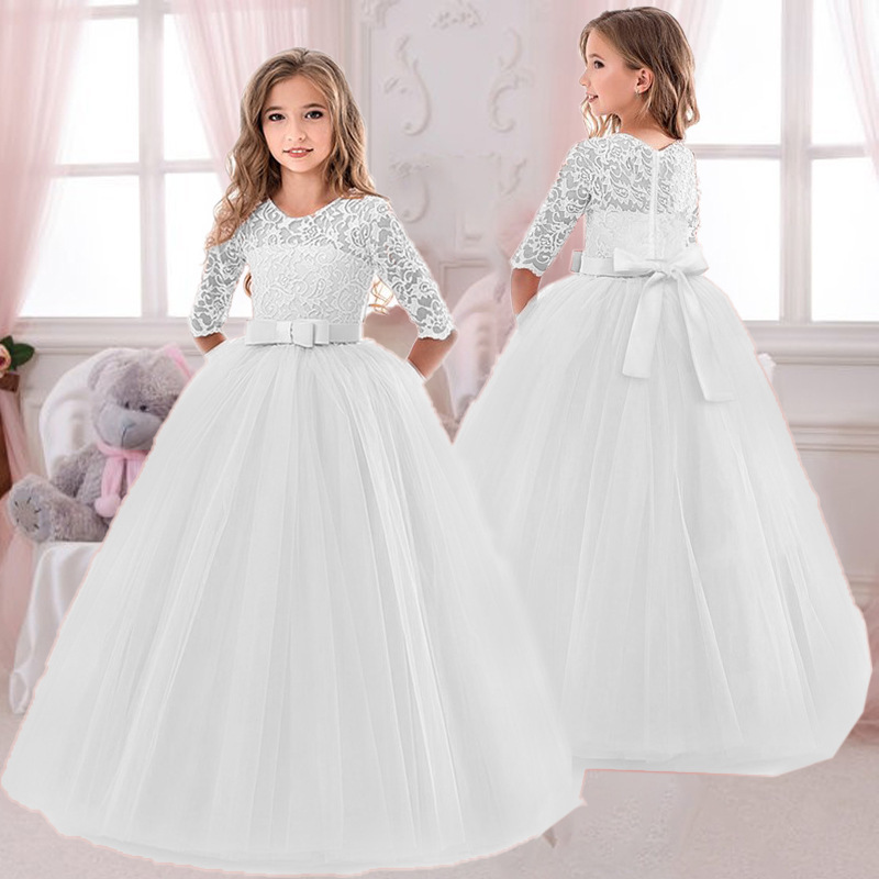 Toddler Girl Tulle Party Dress - Dziewczęca koronkowa haftowana kokarda księżniczka sukienka